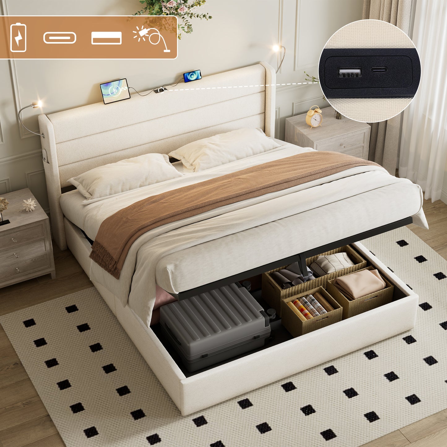 Double Upholstered Bed With Charging Station, Linen Hydraulic Storage Bed With Adjustable LED Reading Light, 4ft6 Double Bed With USB And Type - C Ports, Beige No Mattress