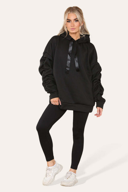 Oversized Ruched Sleeves Hoodie With Satin Ribbon With High Waist High Rise Seamless Ribbed Legging Set