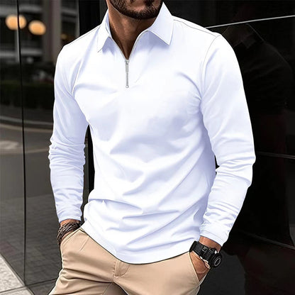 Zipper Men's Solid Color Long Sleeve Sports Polo Shirt