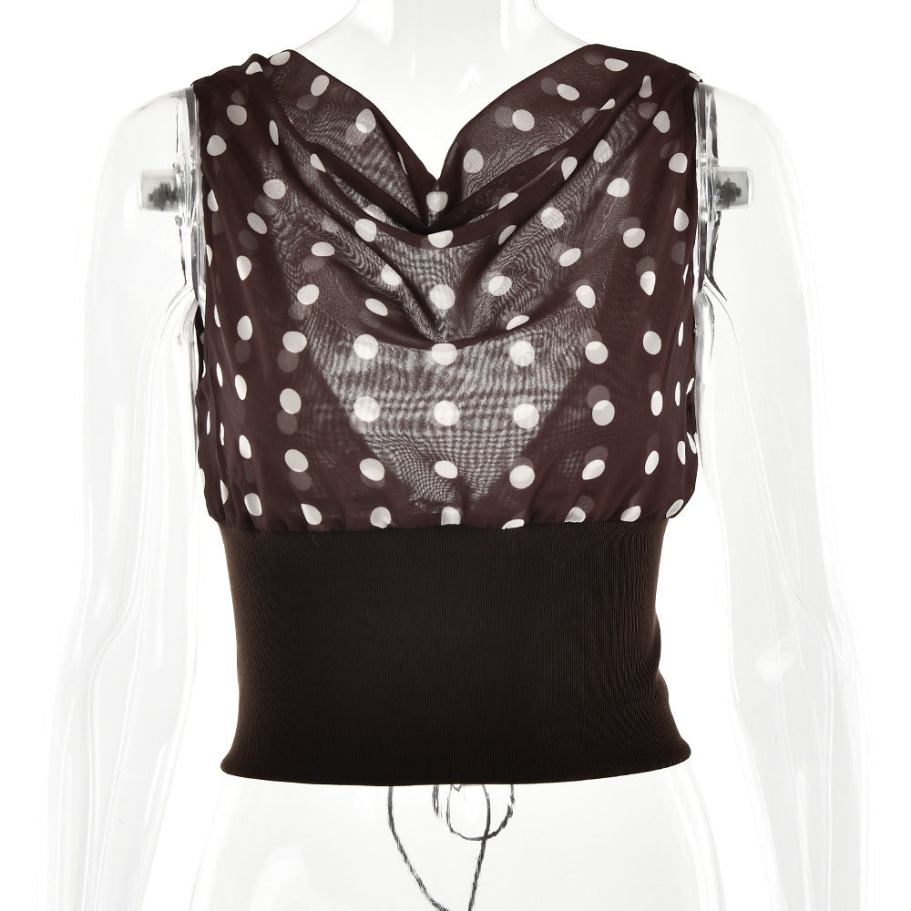 Polka Dots Print Oblique Shoulder Tops Summer Patchwork Chiffon Crop Top Women Sexy Sleeveless Lace Up Backless Blouse Casual Streetwear Tee