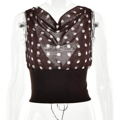 Polka Dots Print Oblique Shoulder Tops Summer Patchwork Chiffon Crop Top Women Sexy Sleeveless Lace Up Backless Blouse Casual Streetwear Tee