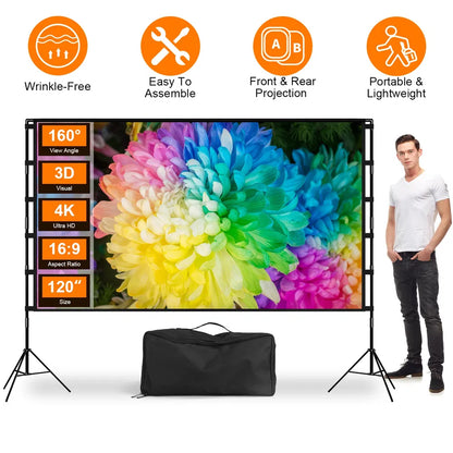 100inch/120inch Options Projector Screen With Stand 16:9 4K HD Rear Front Wrinkle-Free Portable And Foldable Movie Screen With Carry Bag For Indoor Outdoor Home Theater Backyard Cinema