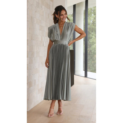 Summer V-neck Pleated Dress INS Fashion Casual Loose Zip Sleeveless Dresses For Women Clothing