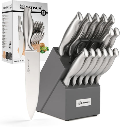 Kitchen Knife Set, 15 Pieces Knife Set With Block, Knives Set For Kitchen, Silver Hollow Ergonomic Handle For Chef Knife Set, Kitchen Shears,Black Knife Block Set