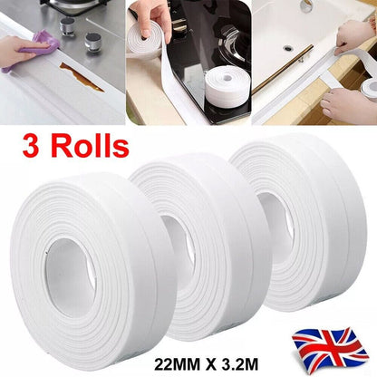 1-3X WATERPROOF SEALING TAPE ADVE WHITE BATHROOM KITCHEN LEAK PVC 22MM X 3.2MHESI