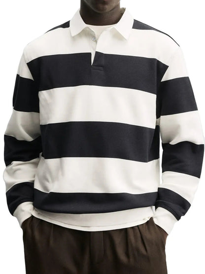 Mens Loose-collar Long-sleeved Striped T-shirt