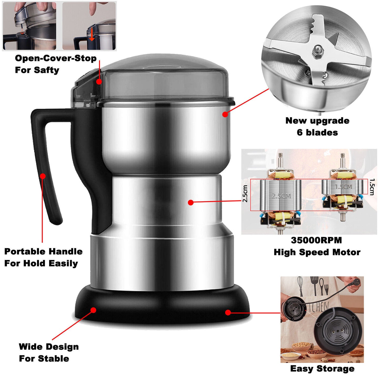 300W Electric Coffee Grinder Grinding Milling Bean Nut Spice Matte Blade Blende