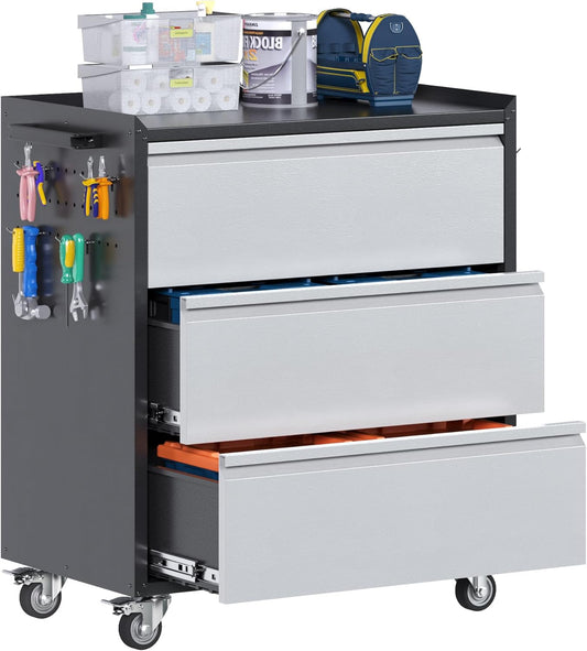 Aobabo Metal Garage Tool Storage Cabinets With Wheels, Steel Cabinet With Drawer, 3 Drawers Rolling Tools Chest Cabinet For Garage, Warehouse, Assembly Required, Black Grey