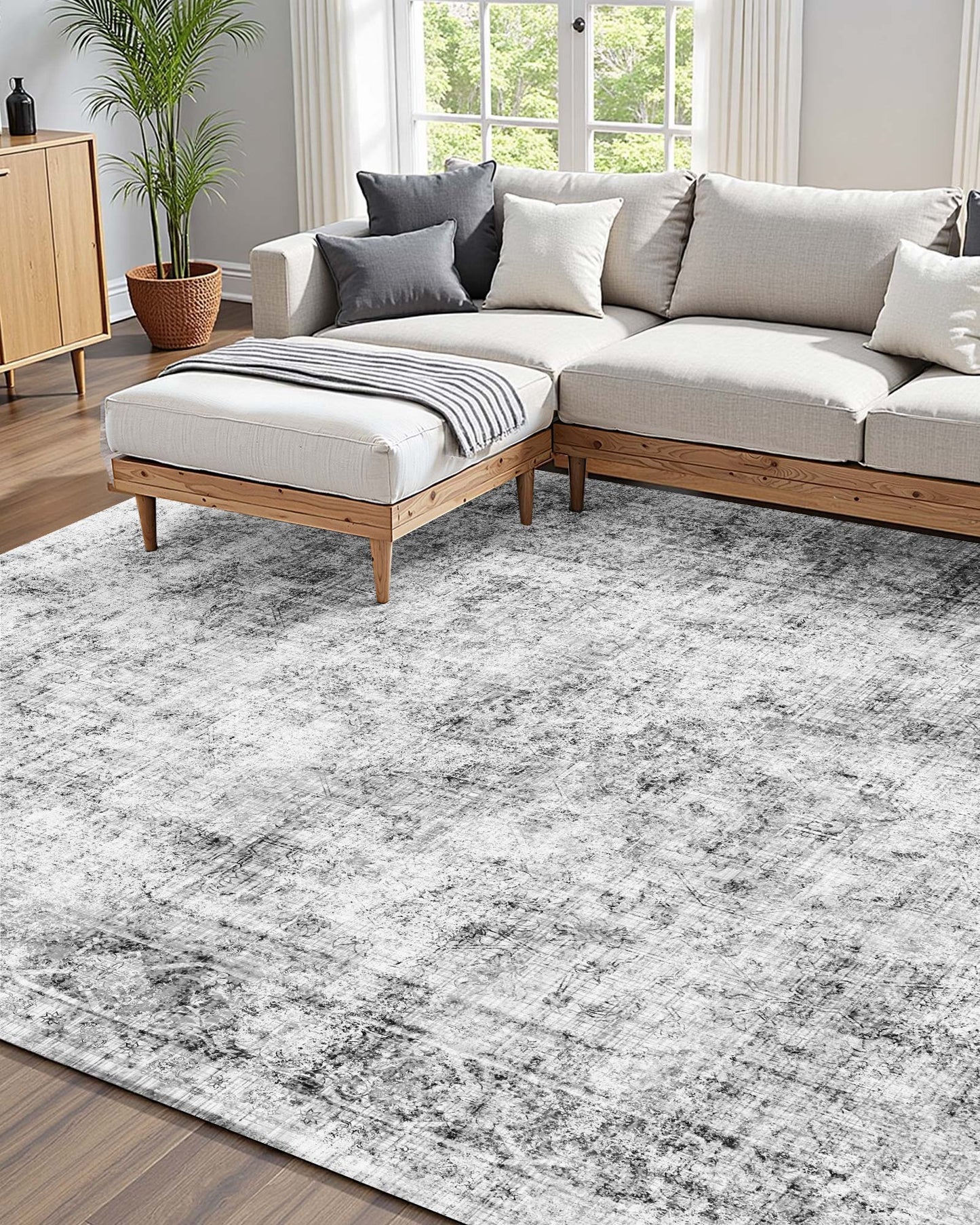 Area Rug, 6 X 9 Ft Large Washable Boho Rug, Non-Slip And Tear-Resistant Soft Carpet, Pet Friendly Bohemian Area Rugs, Indoor Mat For Bedroom, Living Room, Entryway, Gray