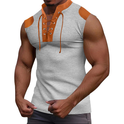 Casual Multicolor Lace-up V-neck Sleeveless T-shirt