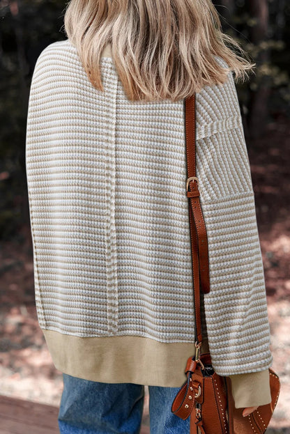 Brown Stripe Ribbed Trim Drop Shoulder Long Sleeve Oversize Top
