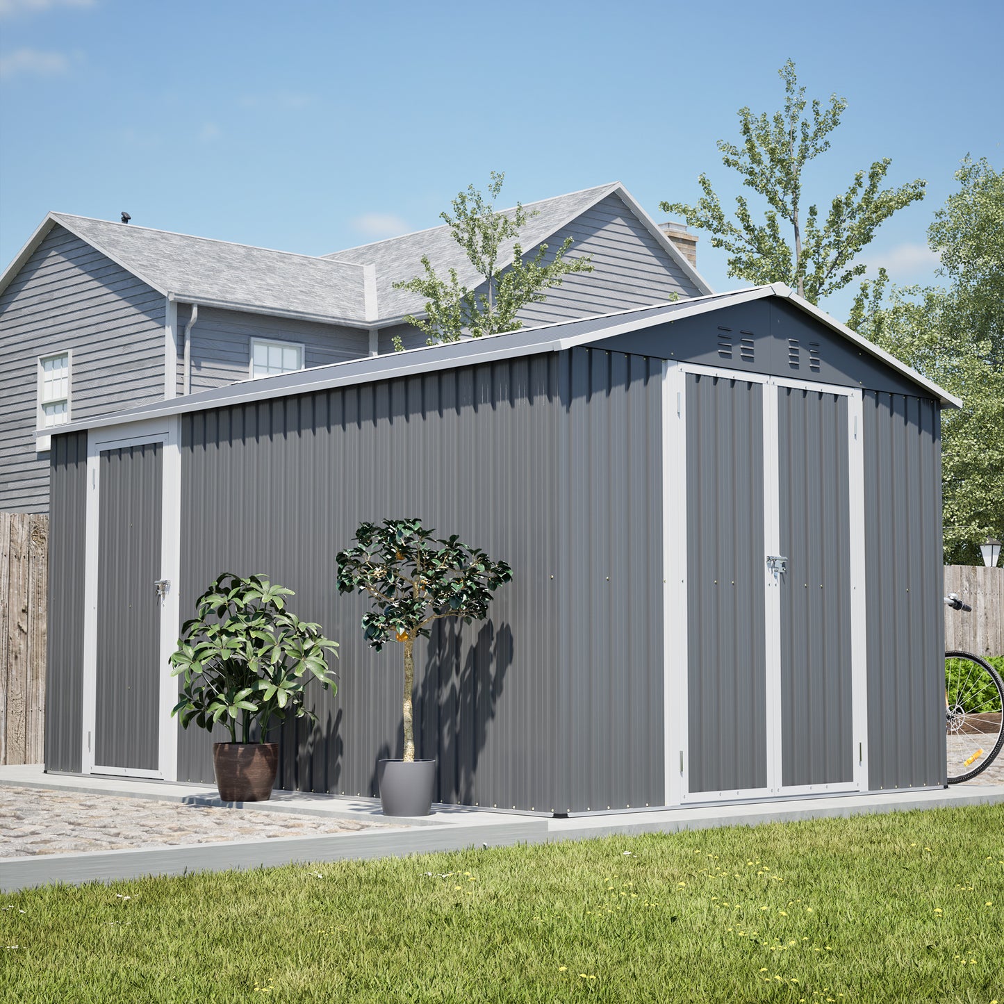 8x12 FT Outdoor Metal Storage Shed With Additional Side Door, Large Tool Shed With 2 Lockable Doors For Easy Access, Aluminum Frame, Grey Garden Patio Storage