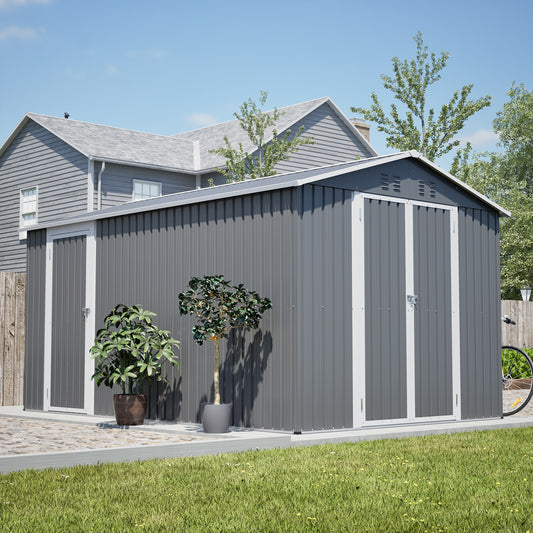 8x12 FT Outdoor Metal Storage Shed With Additional Side Door, Large Tool Shed With 2 Lockable Doors For Easy Access, Aluminum Frame, Grey Garden Patio Storage