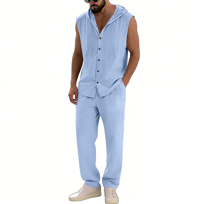 Loose-fitting Casual Hooded Sleeveless Shirt And Pants Set
