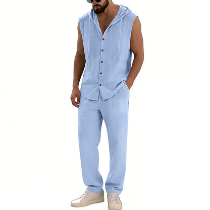 Loose-fitting Casual Hooded Sleeveless Shirt And Pants Set