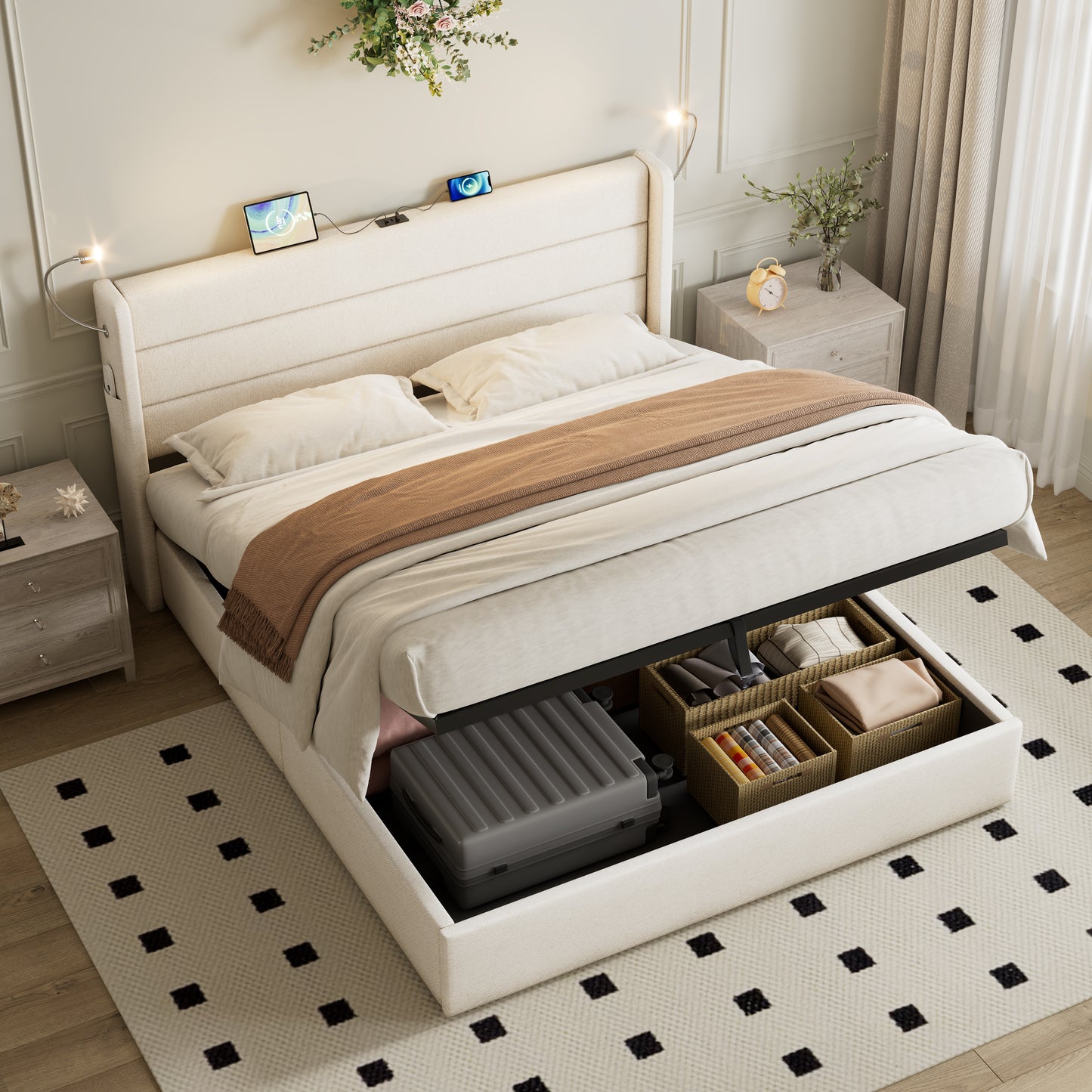 Double Upholstered Bed With Charging Station, Linen Hydraulic Storage Bed With Adjustable LED Reading Light, 4ft6 Double Bed With USB And Type - C Ports, Beige No Mattress