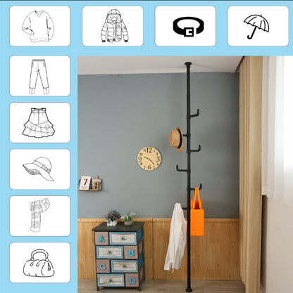 Extra Long Clothes Hanger With The Top Relying On The Ceiling And Nuclear Floor, Coat Rack Freestanding With 6 Hooks