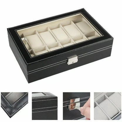 Watch Display Grid Box Lockable Case Faux Leather Jewellry Storage Organiser