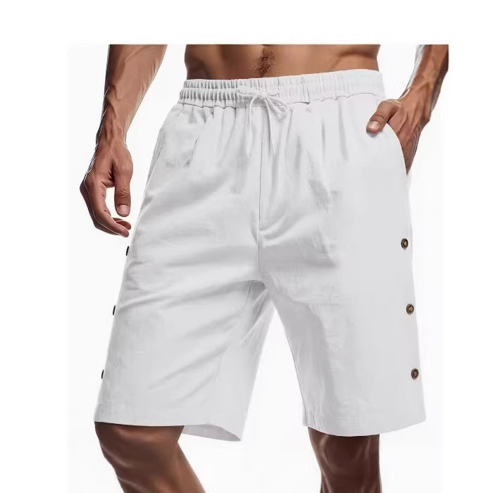 Solid-color Mens Loose-fit American-style Cotton-linen Beach Casual Shorts With Buttons