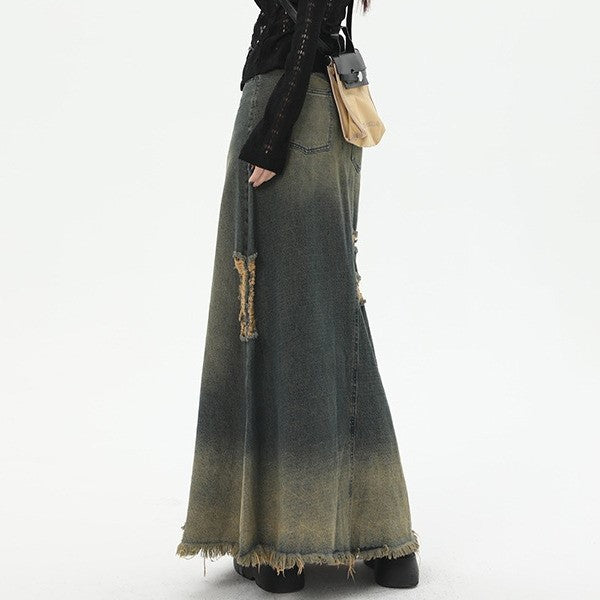 High Waist Loose And Slimming Long Skirt Ripped Denim Skirt