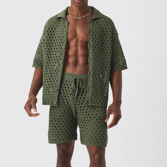 Men's Sporty Casual Set Knitted Shirt And Shorts