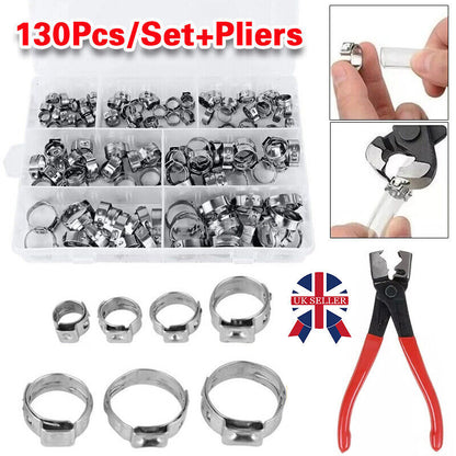 130x Single Ear Hose Clamps Assorted Stainless Steel O Fuel Pipe Clip Hose Plier