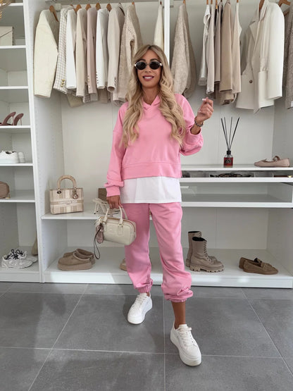 Hooded Sweatshirt Suit Loose Long Sleeve False Two-piece Tops And Jogger Sports Trousers Casual Spots Set For Women's Clothing