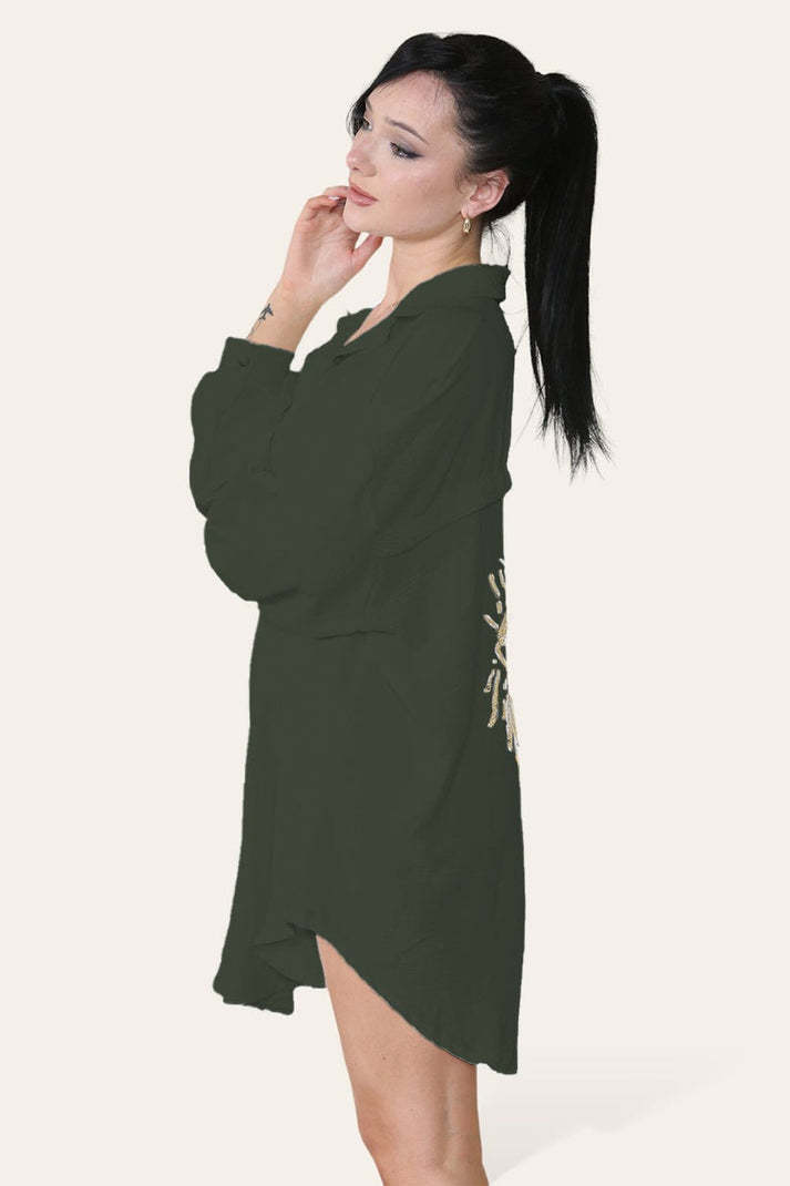Oversized Long Sleeve Gold Sequin Eye Button Up Shirt