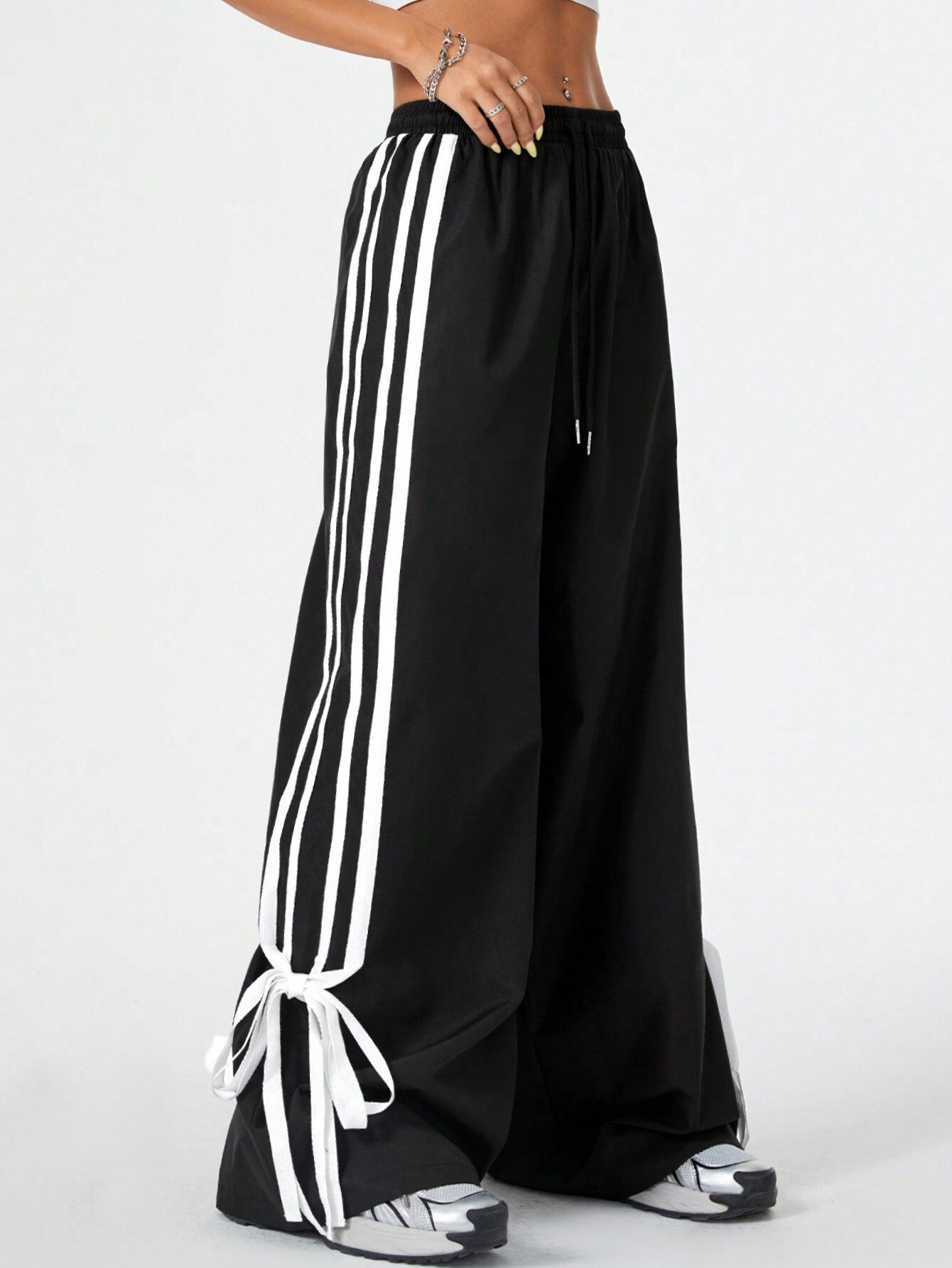 High Waist Wide Leg Pants Women's Spring Summer New Style Three Bars Drawstring Cuffed Straight Casual Extended Sports Trousers