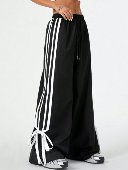 High Waist Wide Leg Pants Women's Spring Summer New Style Three Bars Drawstring Cuffed Straight Casual Extended Sports Trousers