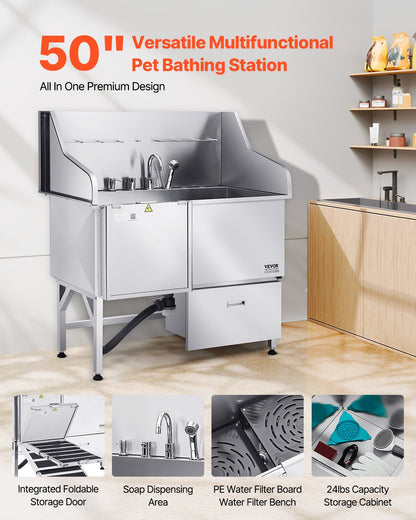 Stainless Steel Dog Washing Station, 127 Cm Pet Grooming Tub W/ Ramp, Faucet & Showerhead & Soap Holder Leash Dog Bathtub For Large & Medium & Small Pets (Left Door)
