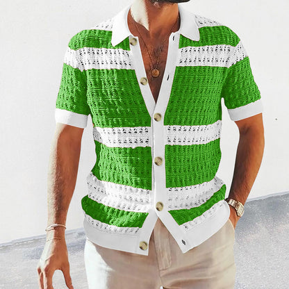 Summer Luxury Fashion New Knitted Shirt Men's Polo Neck Short Sleeve Colored Hollow Breathable Cardigan Men's Top Coat