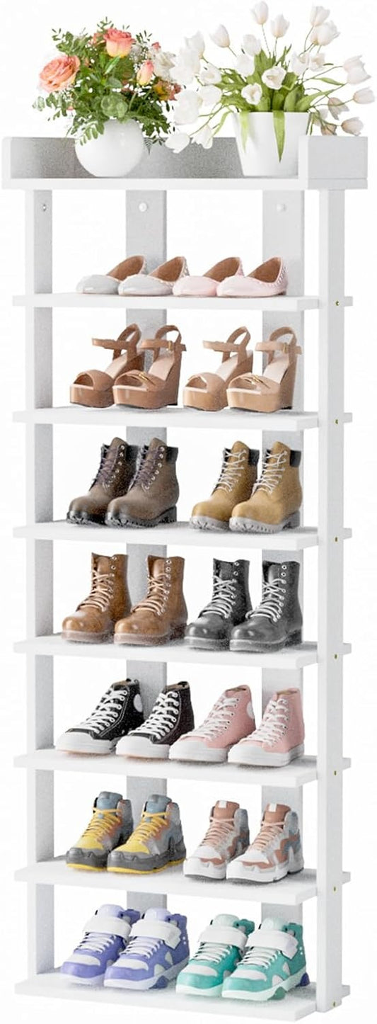 Tienily 7-Tier Narrow Shoe Rack, Wooden Shoe Shelf, Tall Slim Vertical Shoe Display Stand Holder For Entryway, Hallway, Home, Bedroom