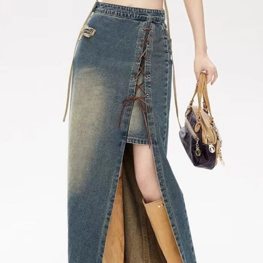 Women's Retro Lace Up High Waist Denim Skirt