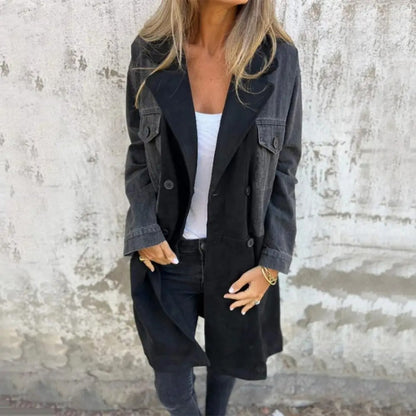 Women's Suit Collar Denim Stitching Mid-length Coat
