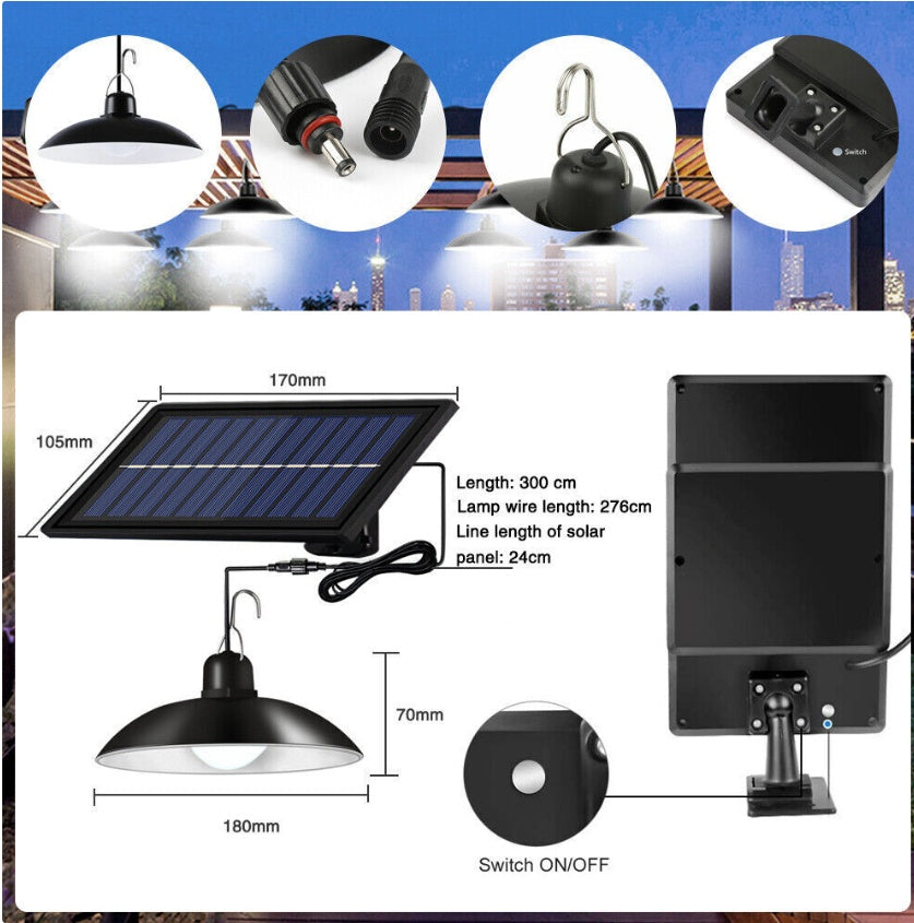 LED Solar Powered Pendant Hanging Light Lamp Outdoor Garden Yard Shed Lighting