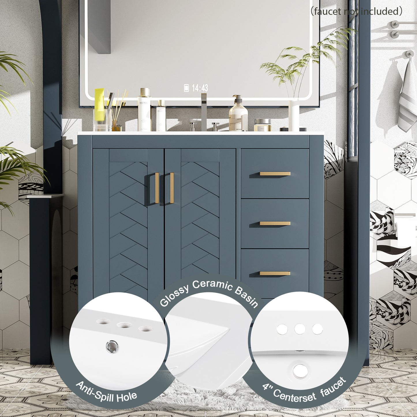 36'' Bathroom Vanity With Ceramic Sink Combo, Solid Wood Frame Bathroom Storage Cabinet, Freestanding Vanity Set With 3 Drawers& Soft Closing Doors