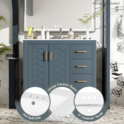 36'' Bathroom Vanity With Ceramic Sink Combo, Solid Wood Frame Bathroom Storage Cabinet, Freestanding Vanity Set With 3 Drawers& Soft Closing Doors