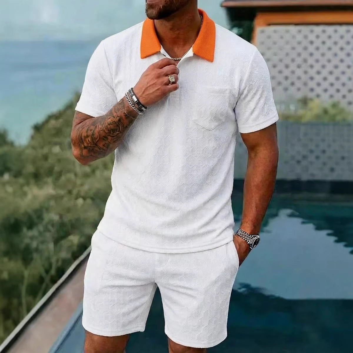 Mens Fashionable Breathable Color-Block Pocket Short-Sleeve Set