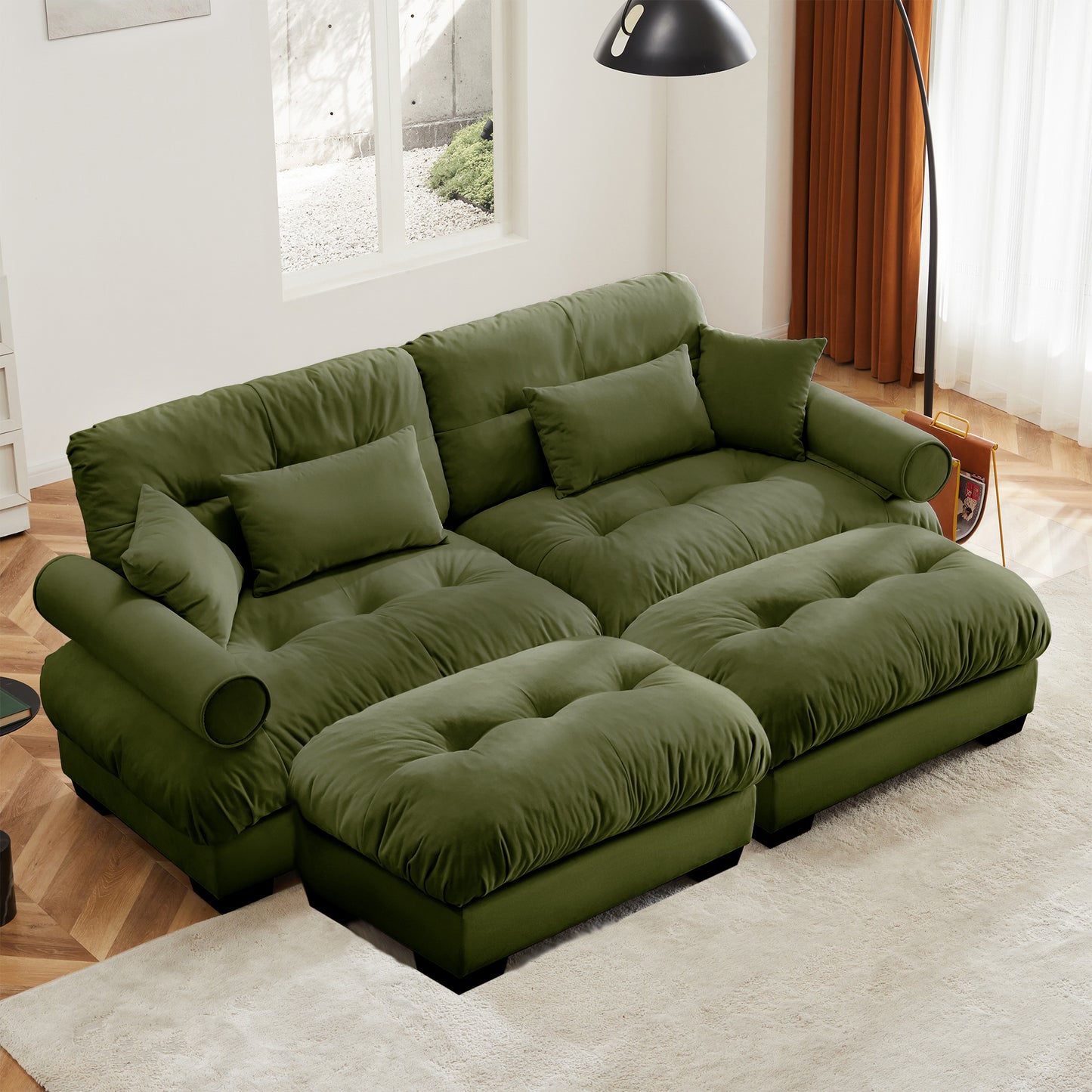 Over Size Modern Two-seater Sofa With Ottoman, Velvet 2-Seater With Round Bolster Armrests,With Waist Pillow And Throw Pillows, Reading Room  Olive Green