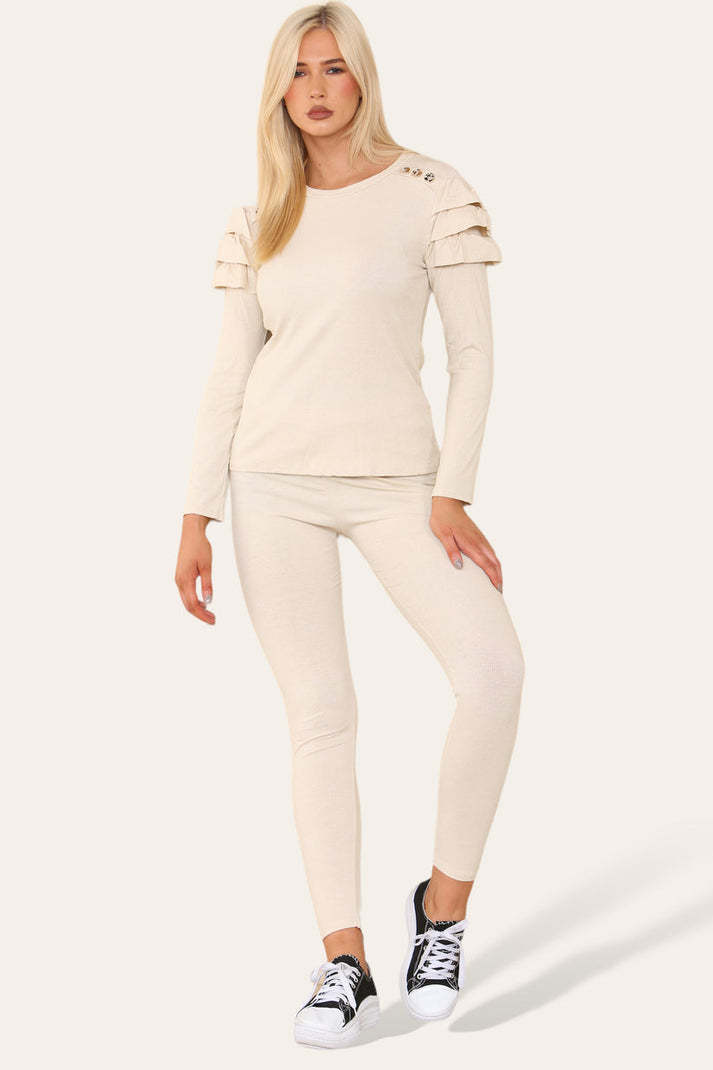 Frilled Sleeves Set Shoulder Golden Button Lounge Wear Suit
