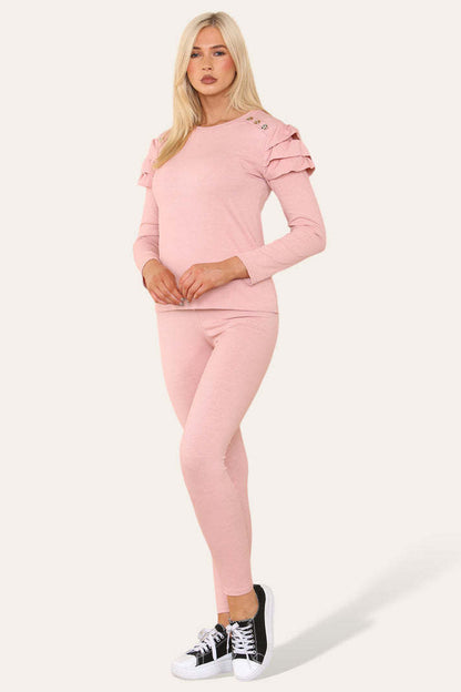 Frilled Sleeves Set Shoulder Golden Button Lounge Wear Suit