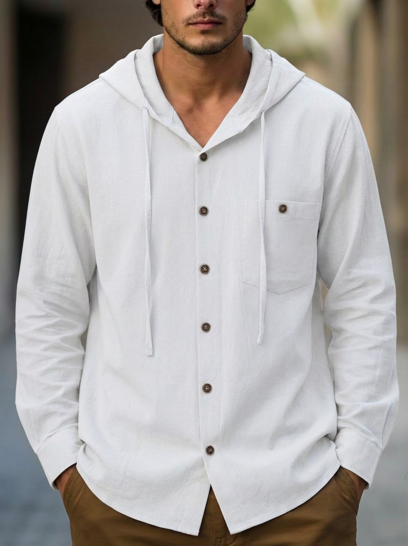 Men's Cotton-Linen Hooded-Pocket Casual Beach Long-Sleeve Shirt