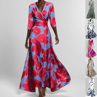 Fashion Print Half-sleeve V-neck Dress Temperament Slim Tight Waist Dresses For Women