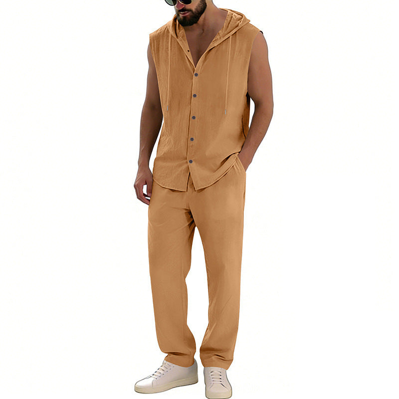 Loose-fitting Casual Hooded Sleeveless Shirt And Pants Set