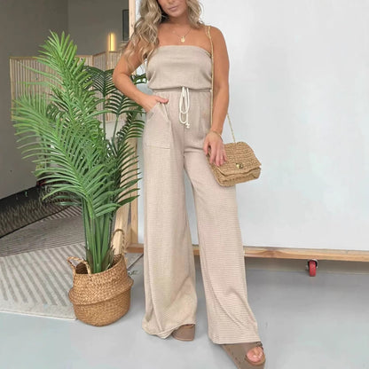Womens Striped Tube Top Wide-Leg Jumpsuit