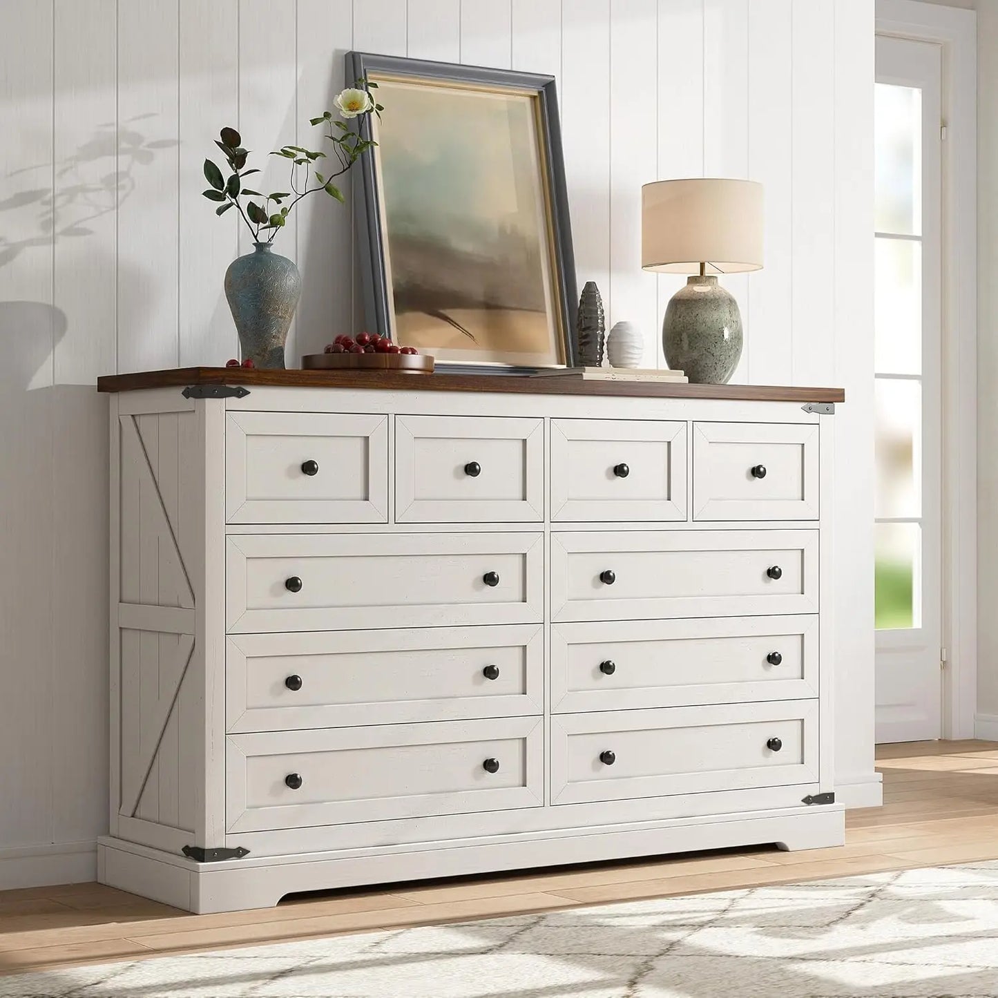 Dressser for Bedroom,Farmhouse Dressers and Chests of Drawers with Smooth Metal Rail,Large and Wide TV Stand Hallway