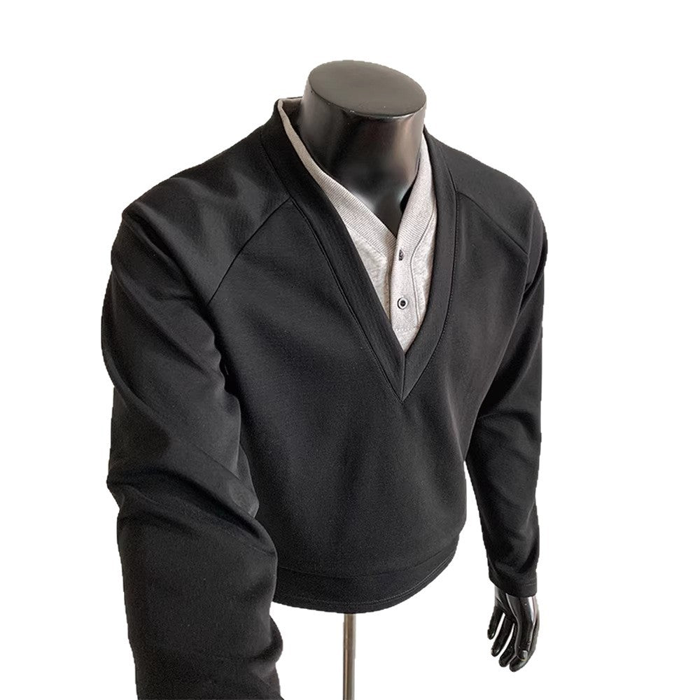 Regular-Shoulder Short Long-Sleeve Sweater With Double V-Neck