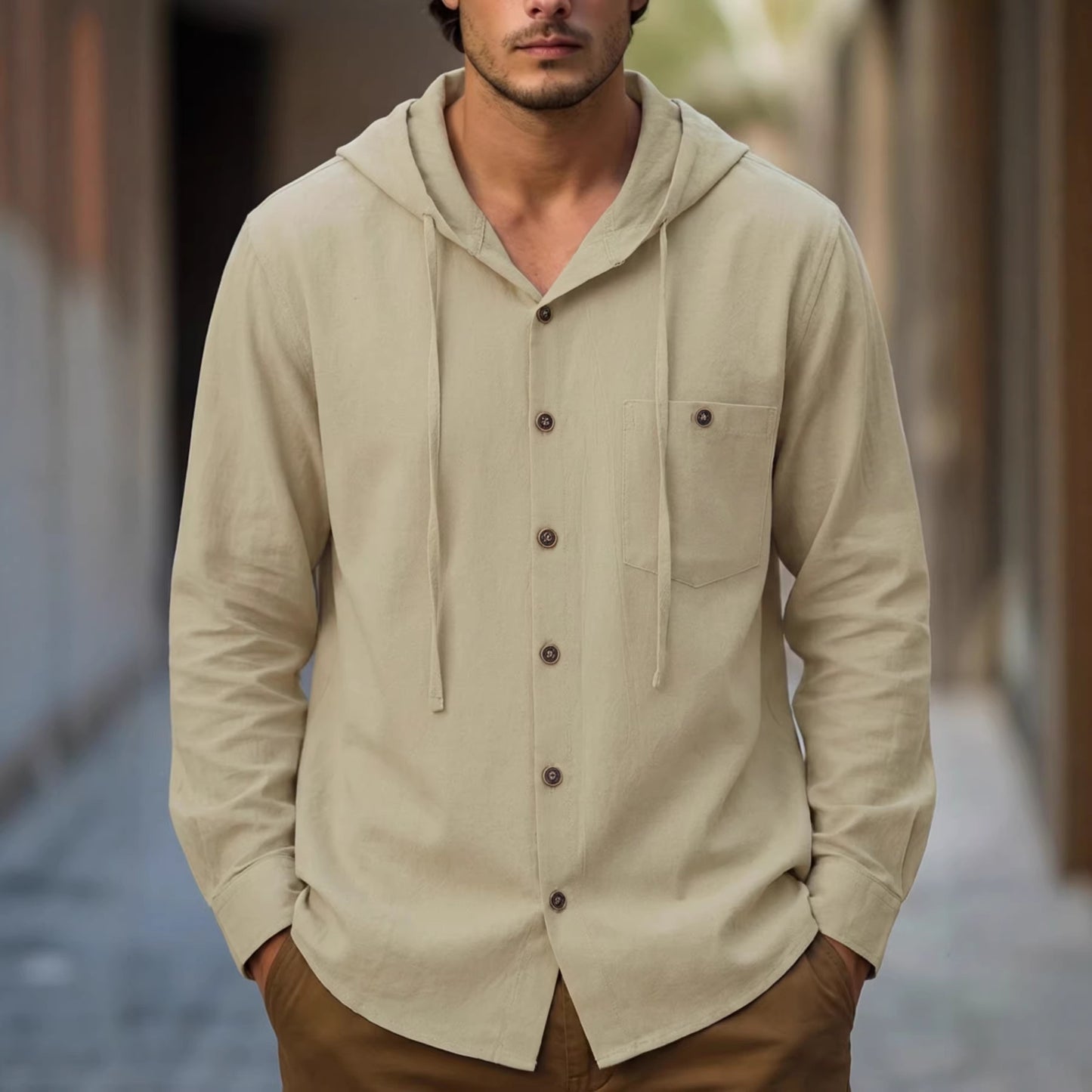 Men's Cotton-Linen Hooded-Pocket Casual Beach Long-Sleeve Shirt