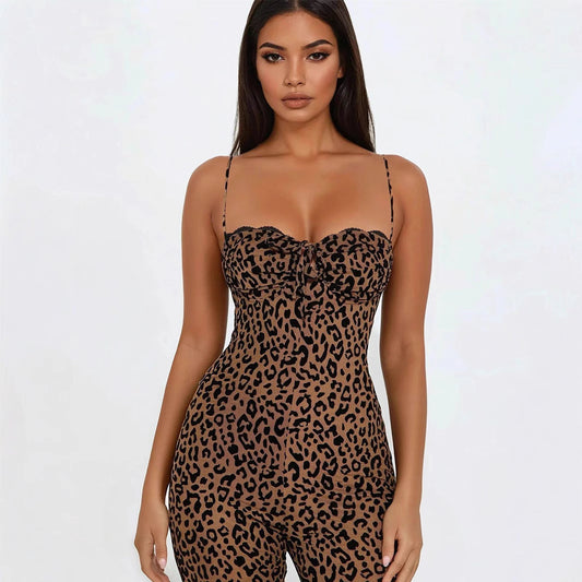 Sleeveless Leopard Print Backless Slim Fit Strap Tube Top Women's High Waist Hip Lift Jumpsuit
